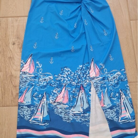 Lilly Pulitzer Leevy Coverup Skirt Blue Sailboat Print Sarong Large - Picture 4 of 4